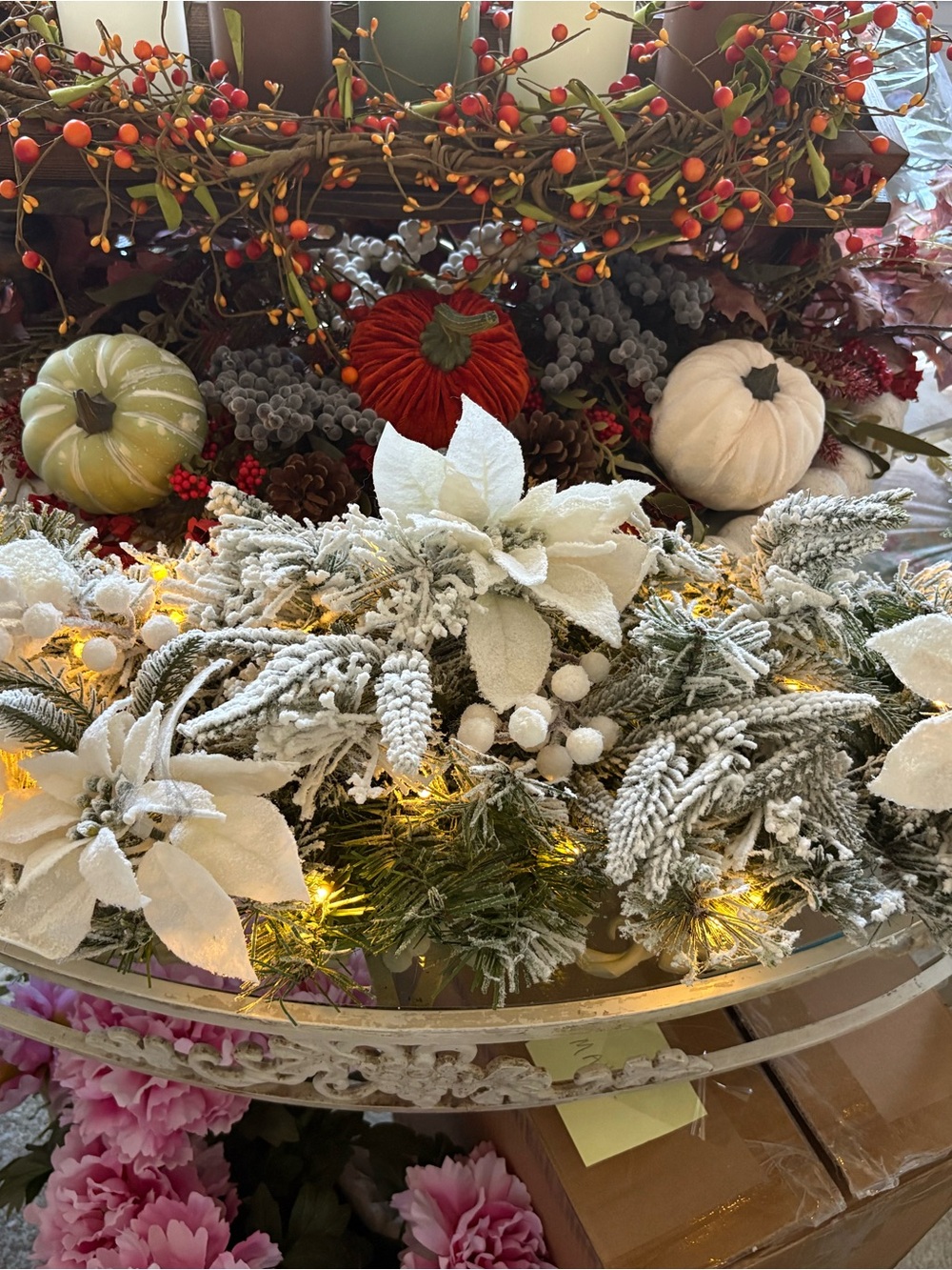 Holiday Flocked Pine and Poinsettia Garland with Warm LED Lights